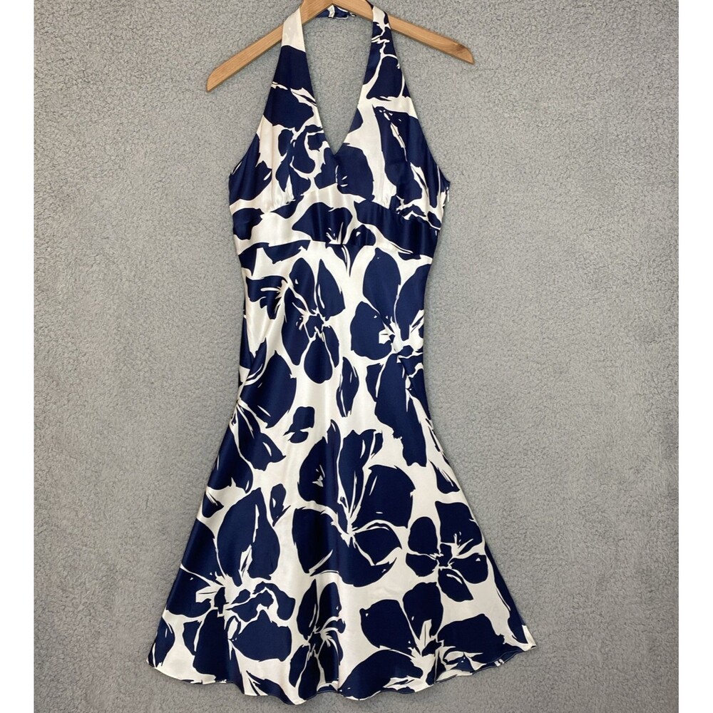 VTG Hilfiger Resort Coastal Silk Halter Floral Dress Womens Sz 6 Blue White